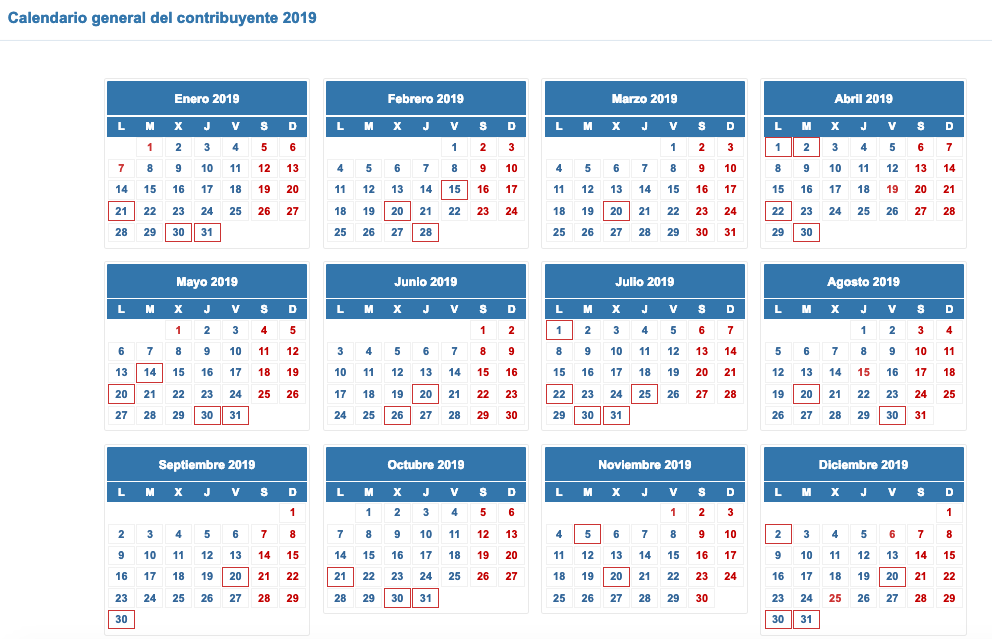 Calendario 2019 contribuyente